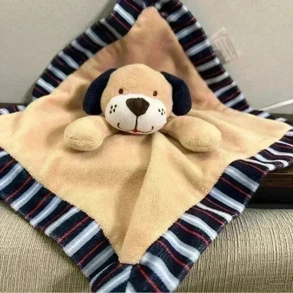 Tender Kisses Tan Puppy Dog Lovey‎ Blanket Blue Red Stripe Edge Satin Back 12x12